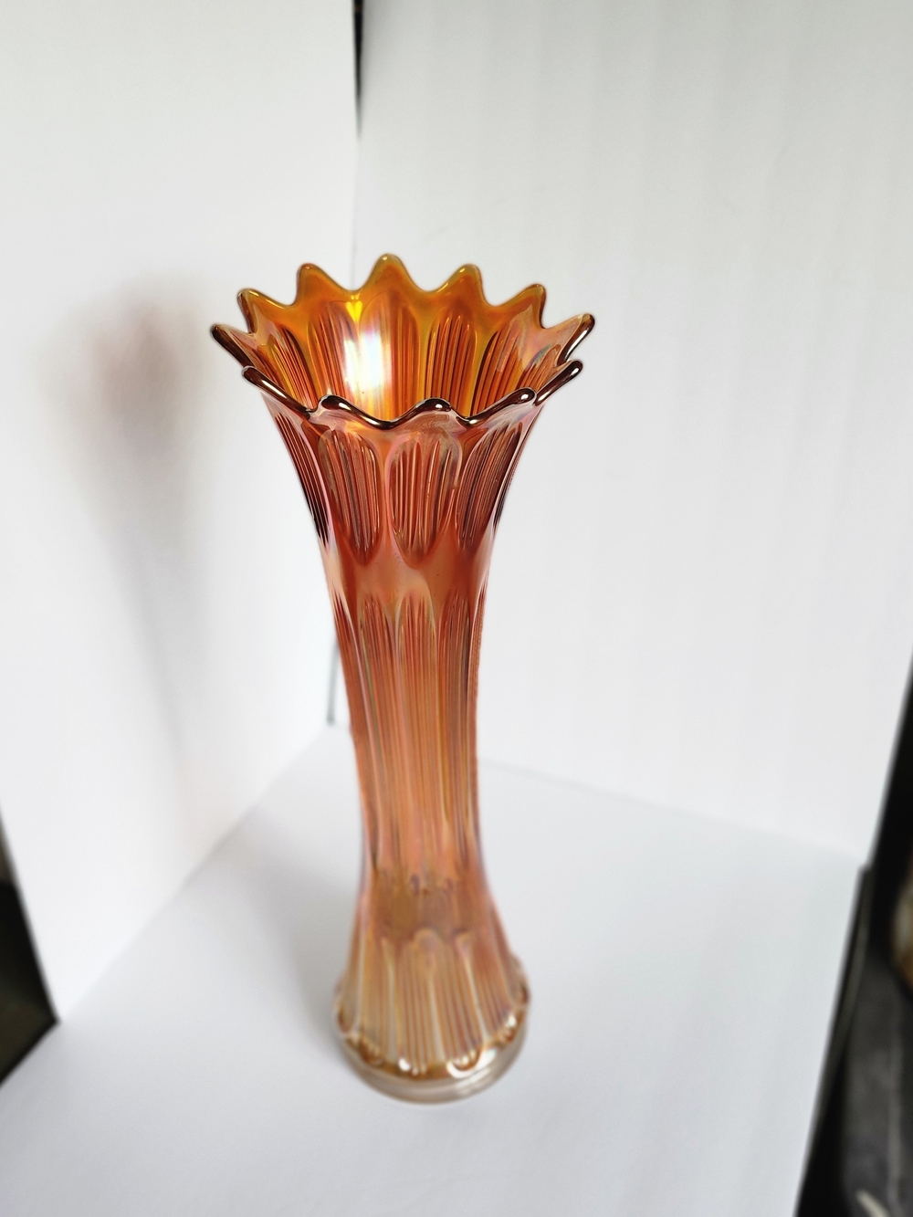 Vintage Marigold Carnival Glass Fat Bottom Ribbed Swung Vase 20.5 Inch